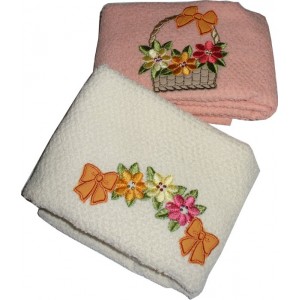 Set of Two Terry Kitchen Dish Towels - Flowers - Orange